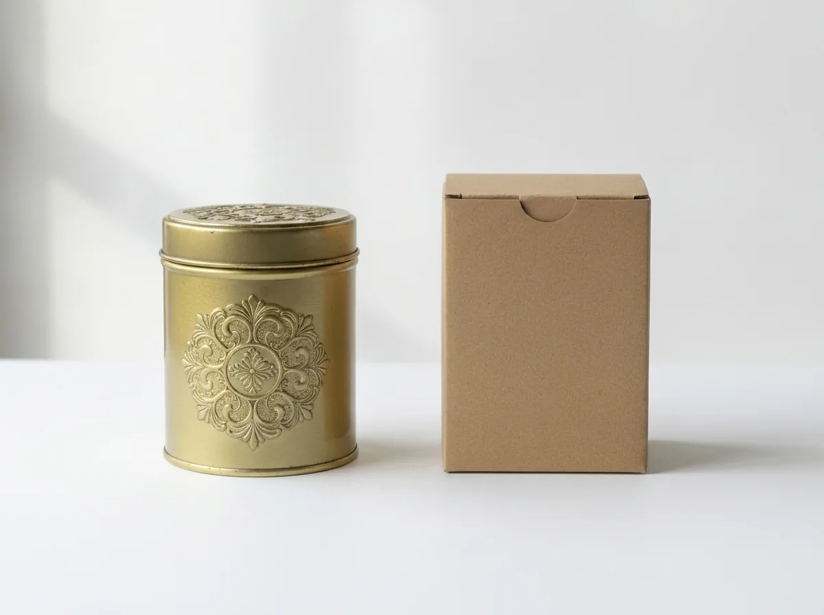 Premium decorative metal tin beside a kraft cardboard box