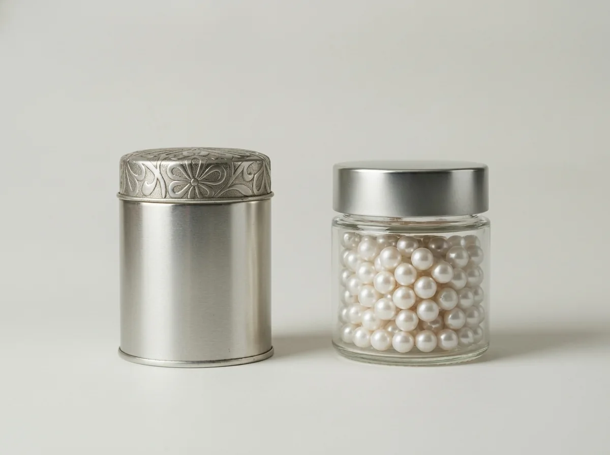 Premium decorative metal tin beside a clear glass jar