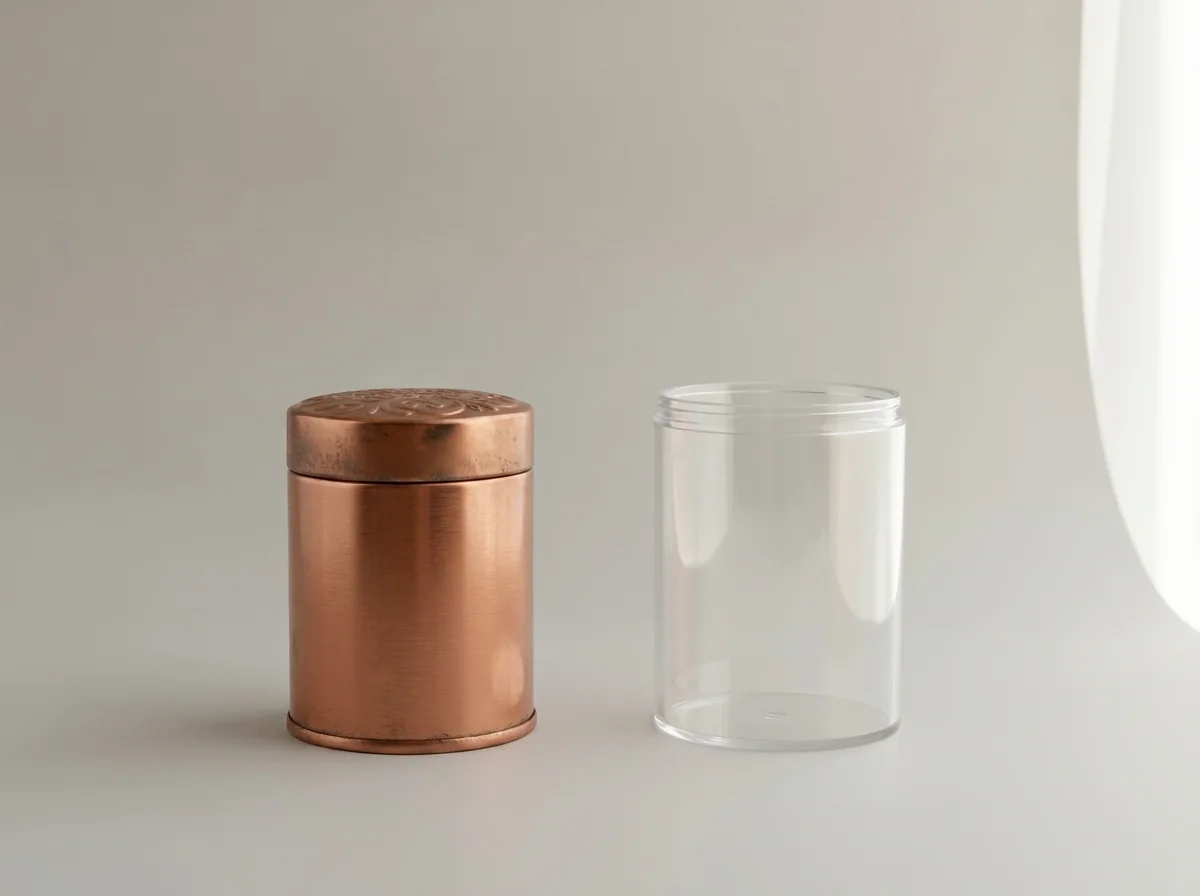 Premium decorative metal tin beside a clear plastic container