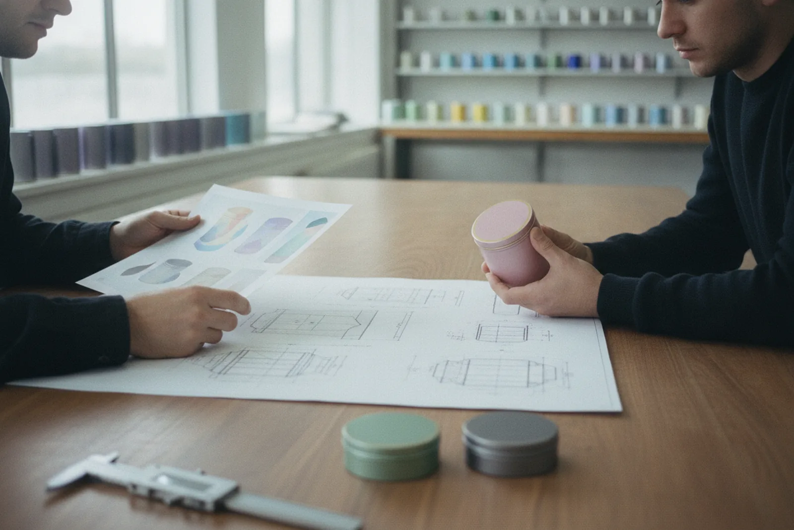 Two people comparing a printed concept sheet with a sample tin and a mold drawing on a workbench