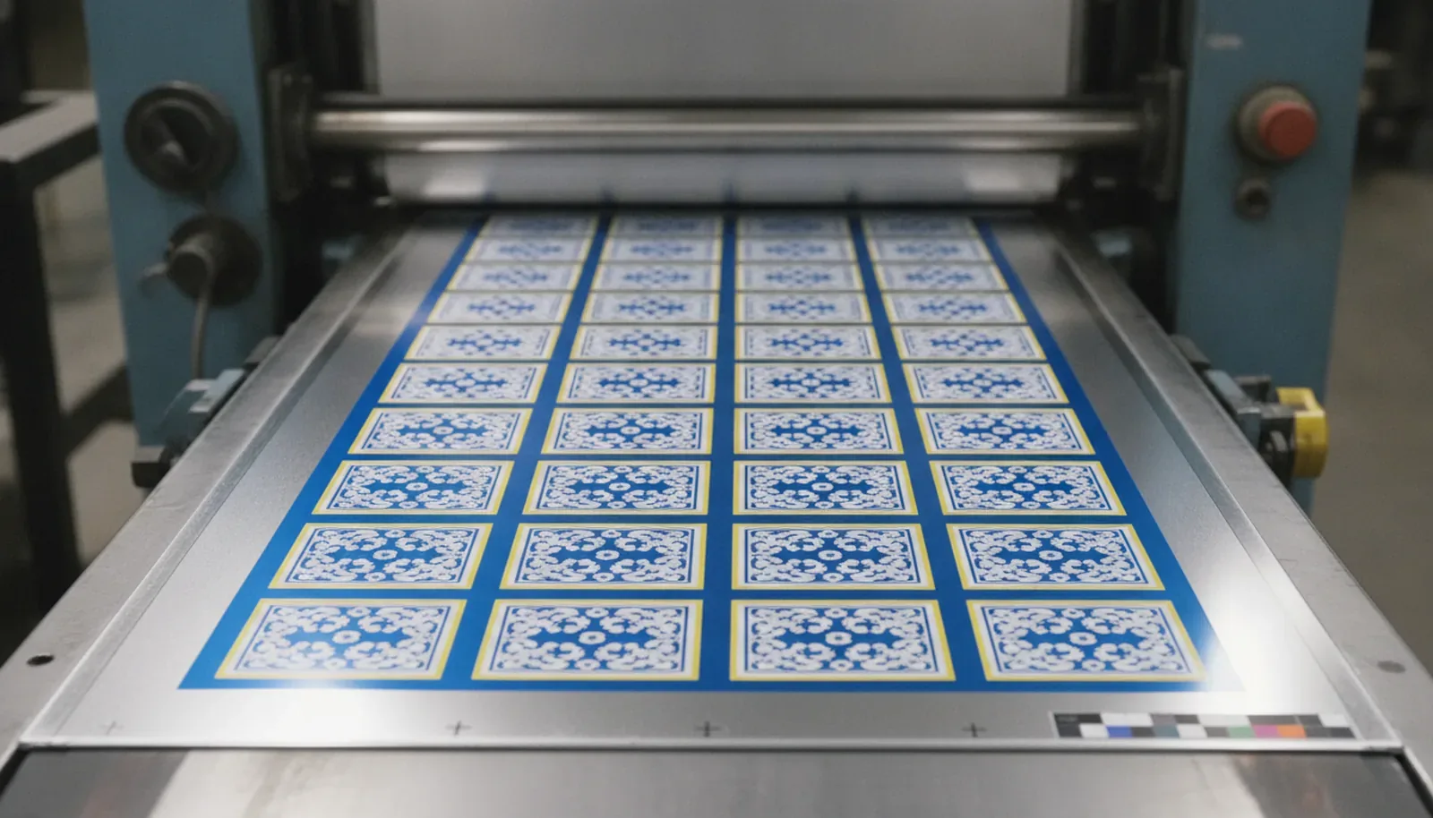 Printed tinplate sheet on a press with repeated blue and yellow tin artwork before cutting