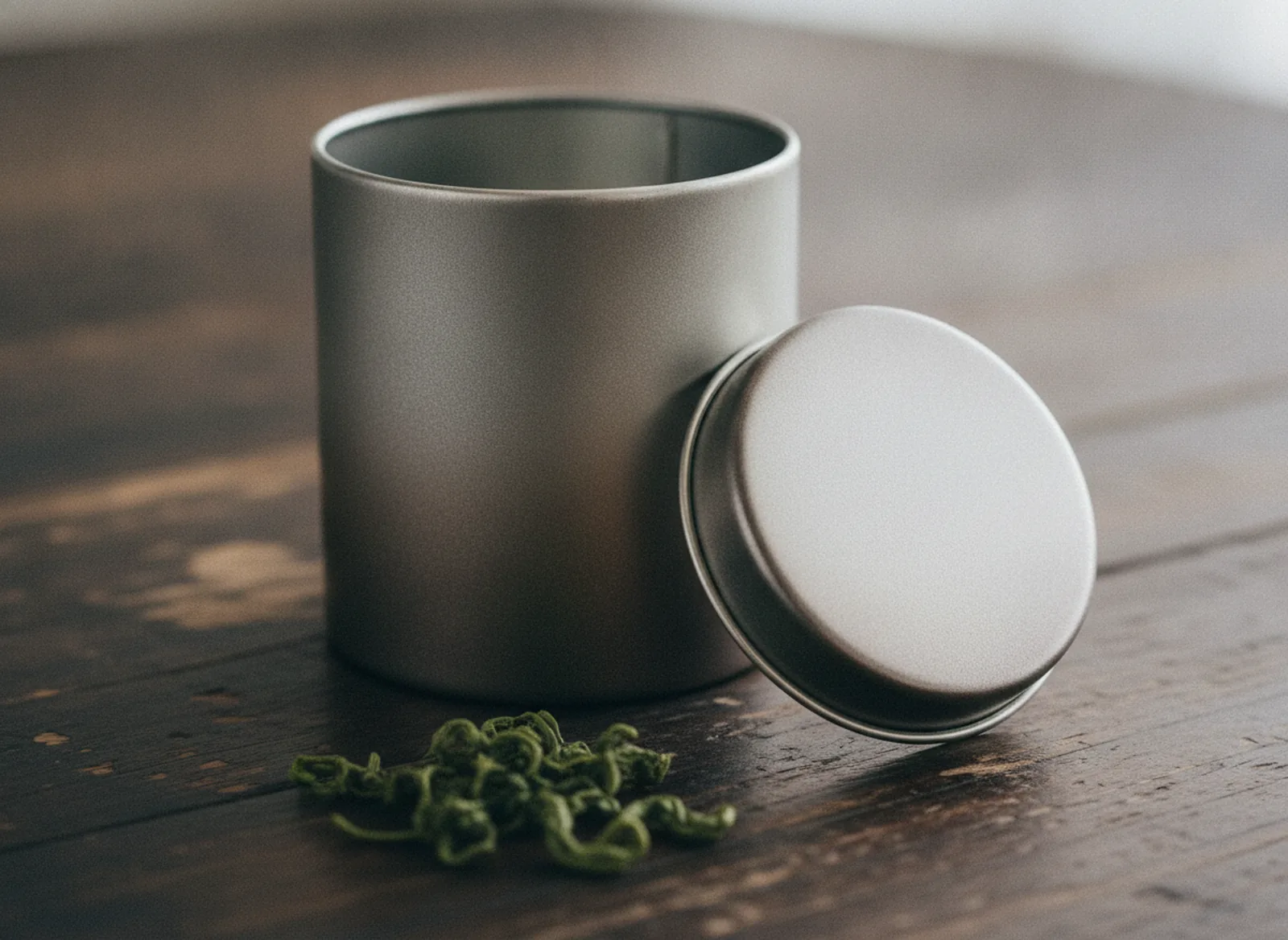 Handcrafted Japanese tinplate tea caddy with a slightly matte, aged surface beside loose green tea