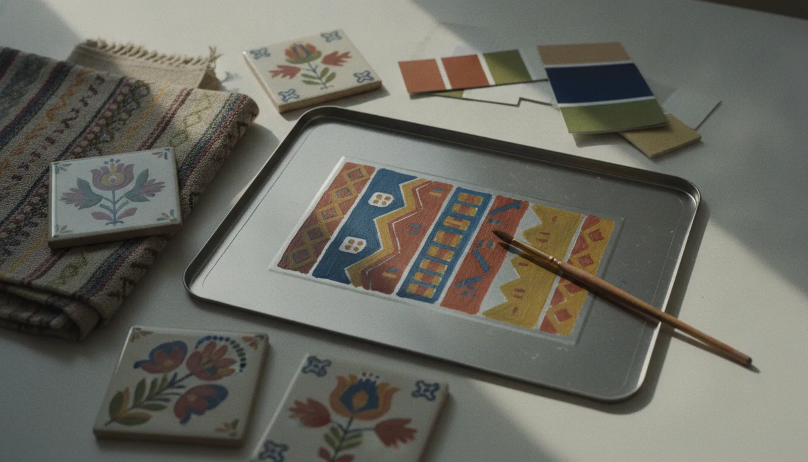 Designer's desk with regional pattern references, fabric swatches, and a tin die-line proof