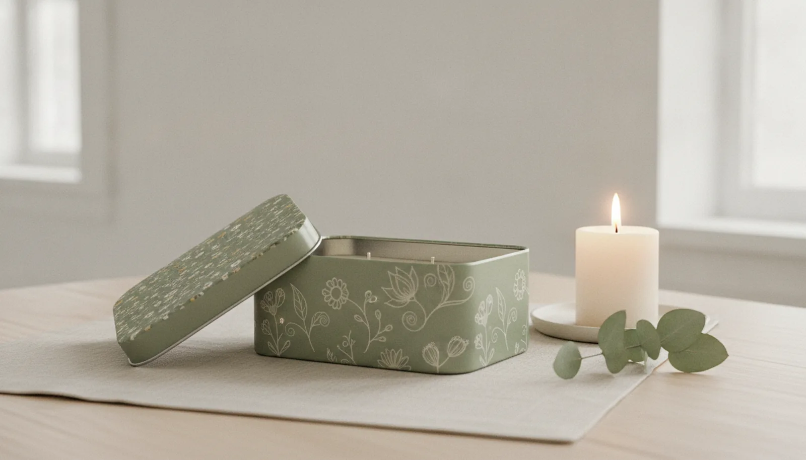 Pastel botanical candle tin with hinged lid open, showing printed inner lid