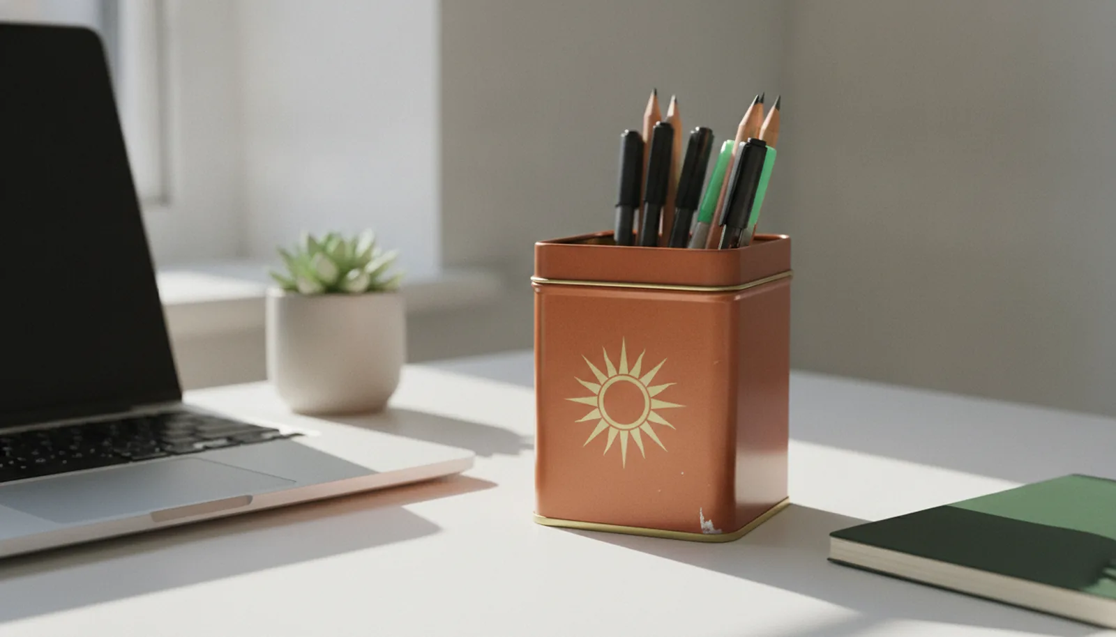 Minimalist tea tin from a past holiday season reused as pen and pencil storage on a home office desk