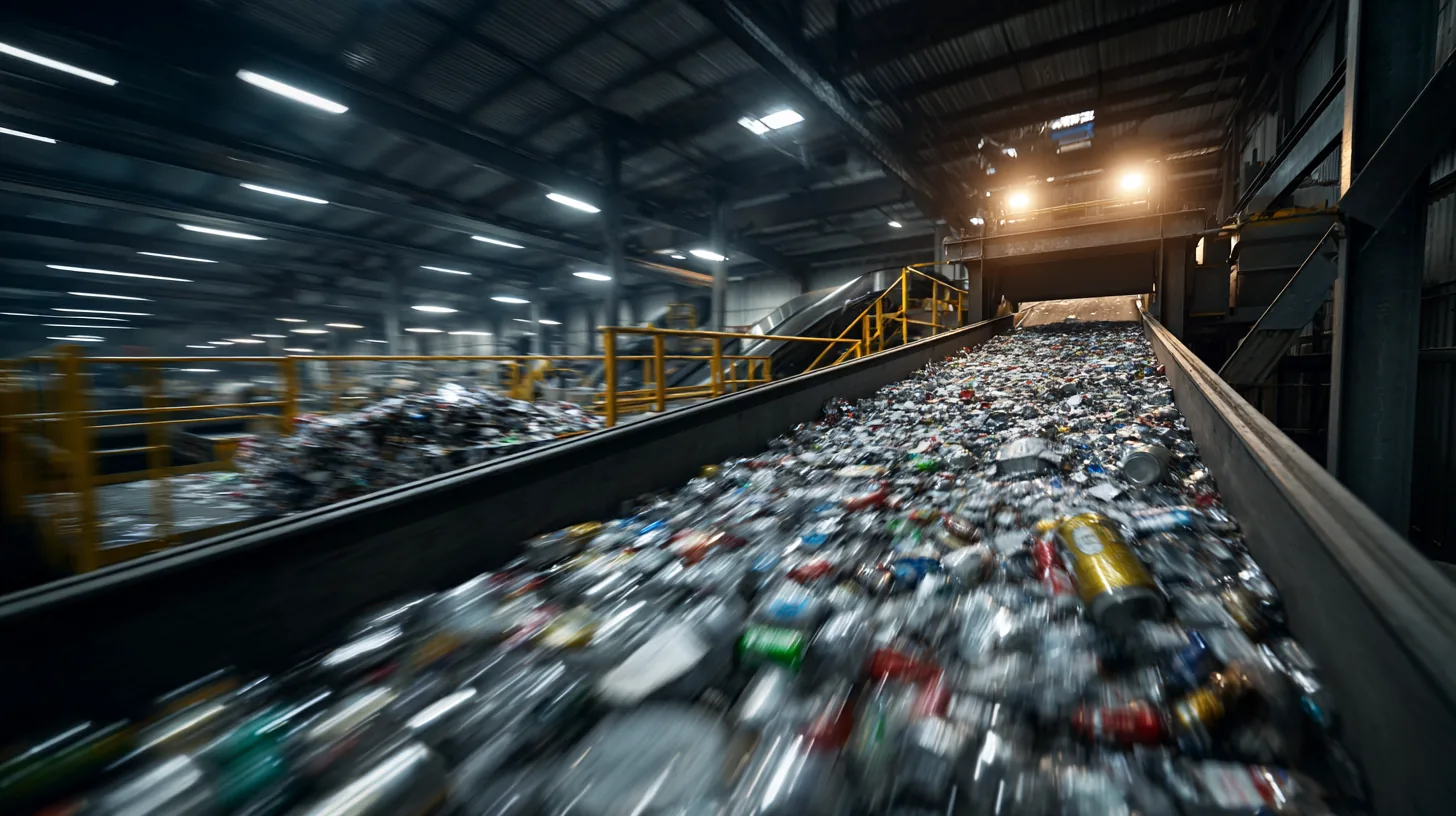 Tinplate cans moving through a sorting facility on a recycling line