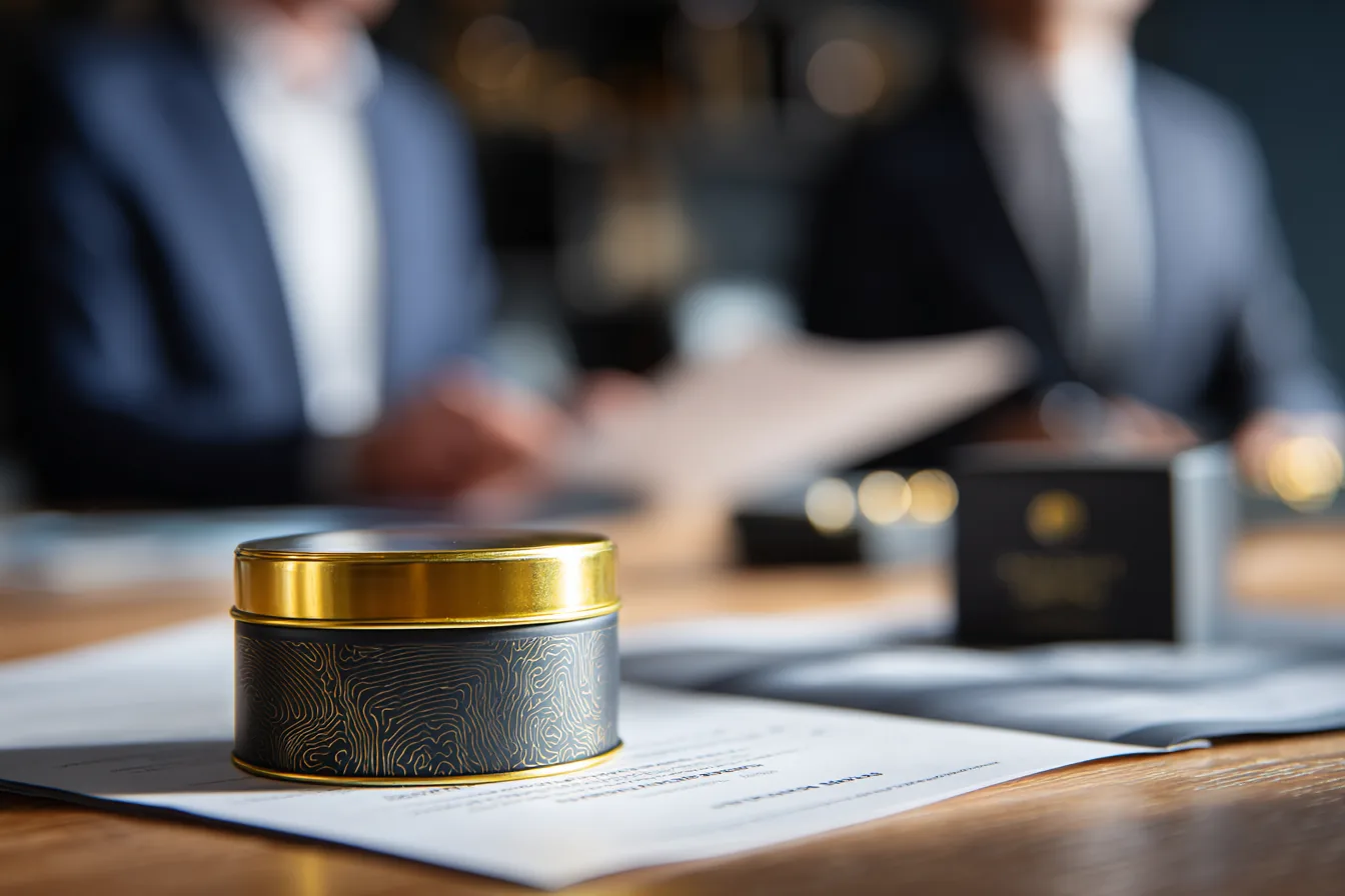 Premium branded tin packaging on a retail shelf display