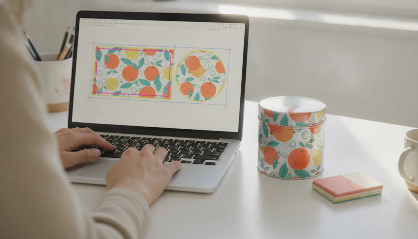 A designer placing a colorful illustrated pattern onto a tin die-line on a laptop screen