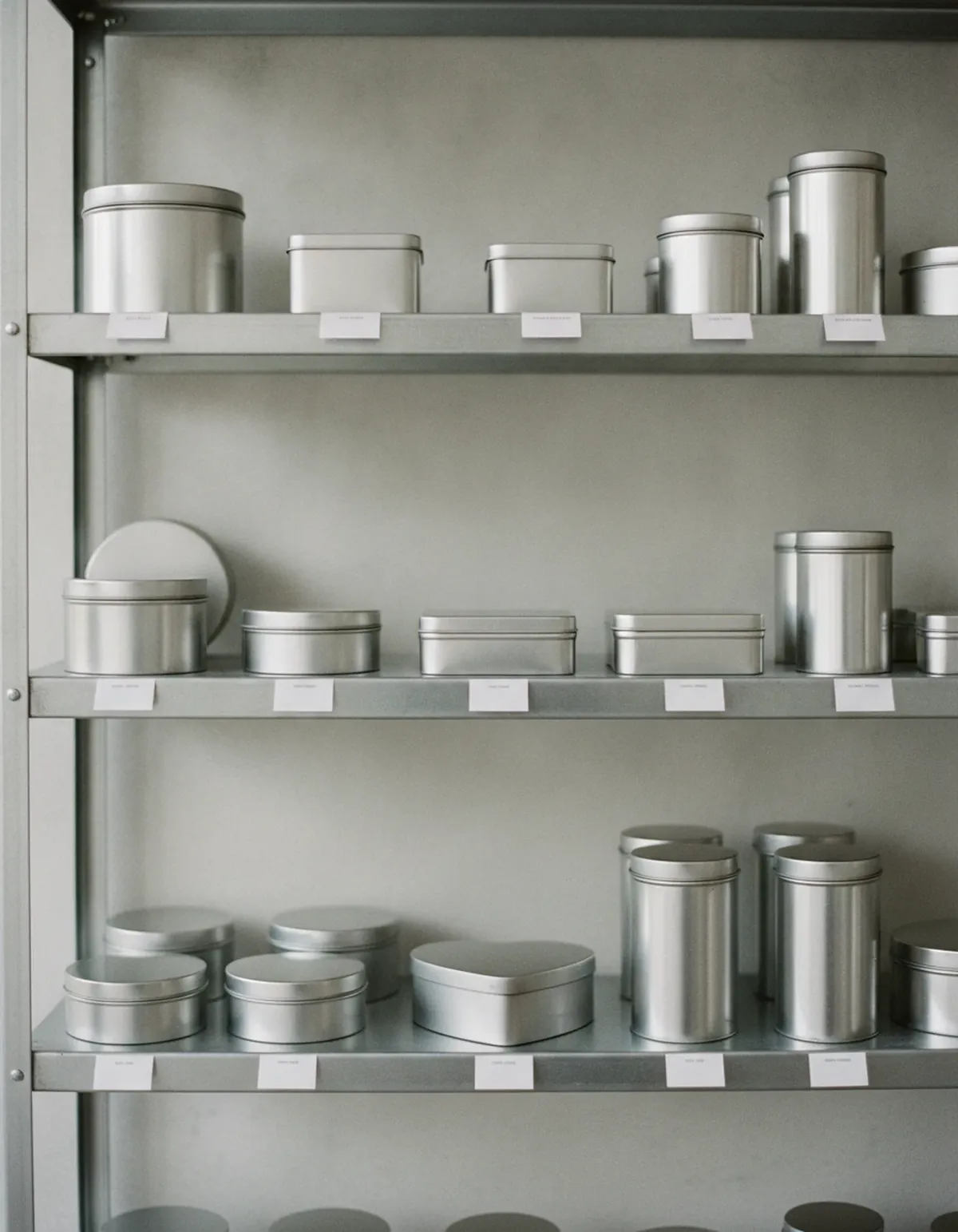 Rows of unprinted sample tins in different existing mold shapes on a factory sample shelf