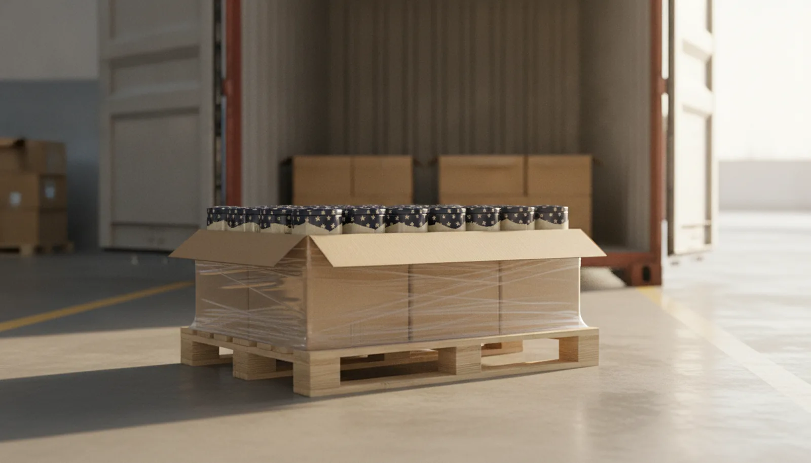 Pallet of finished decorative tins wrapped for shipping in front of an open shipping container