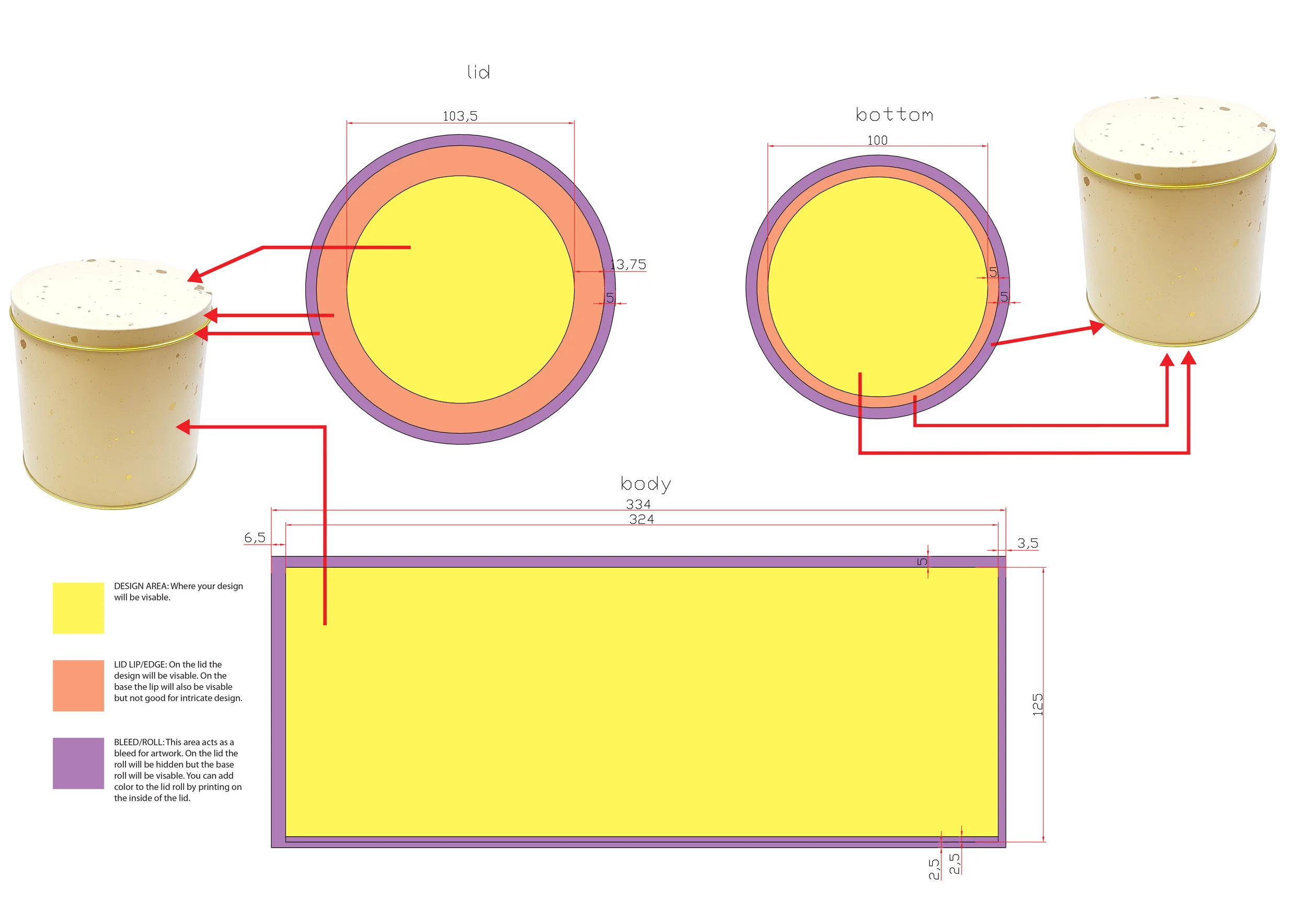 A Stannum Can die-line showing the three color-coded zones for a round tin: yellow design area, orange lid lip, and purple bleed roll