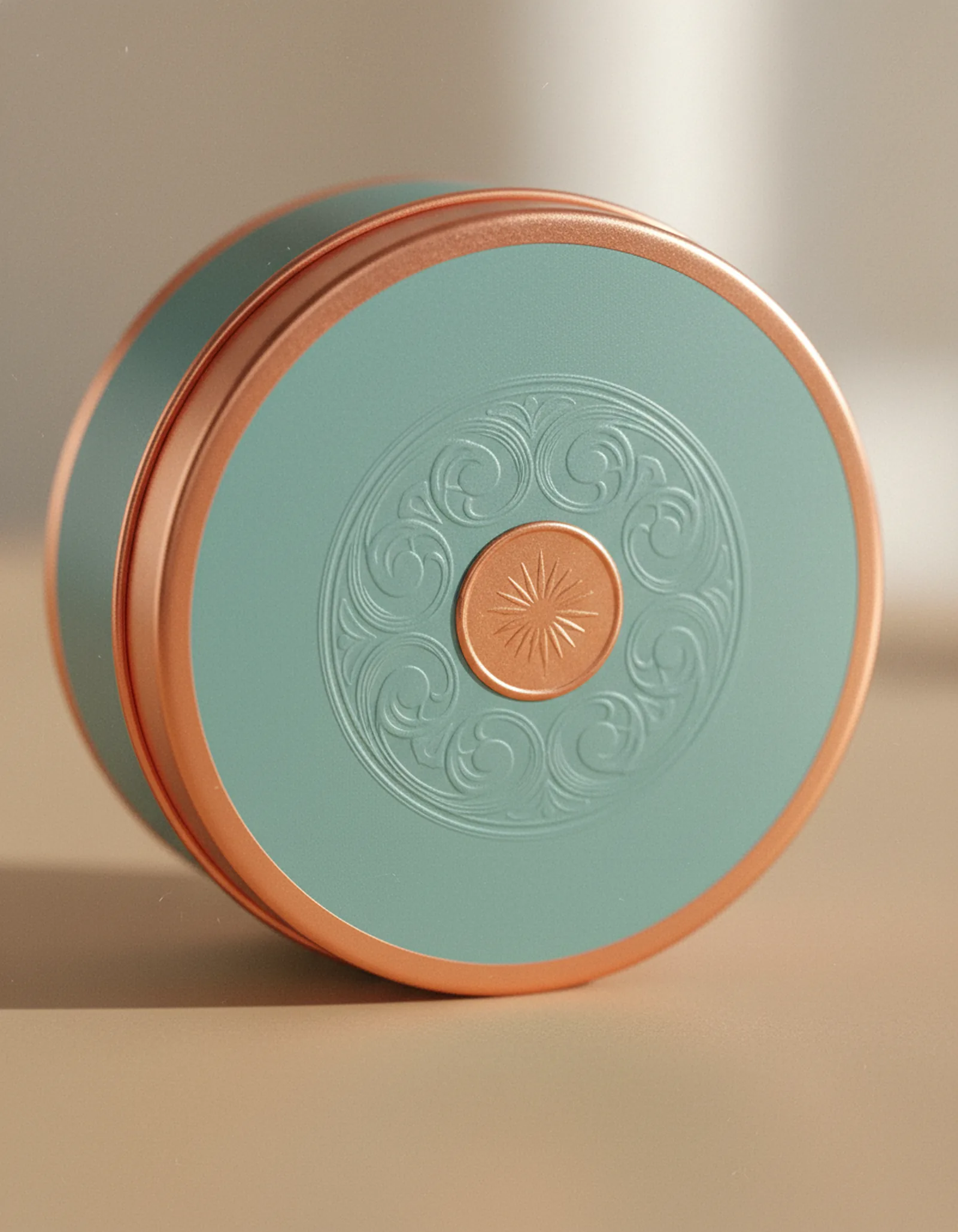 Macro close-up of a tin lid with a debossed emblem and a stamped detail with copper foil accent
