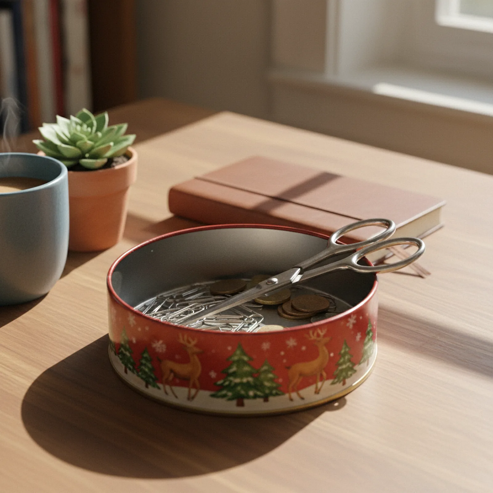 Empty decorative tin repurposed on a sunlit desk holding paper clips, coins, and scissors