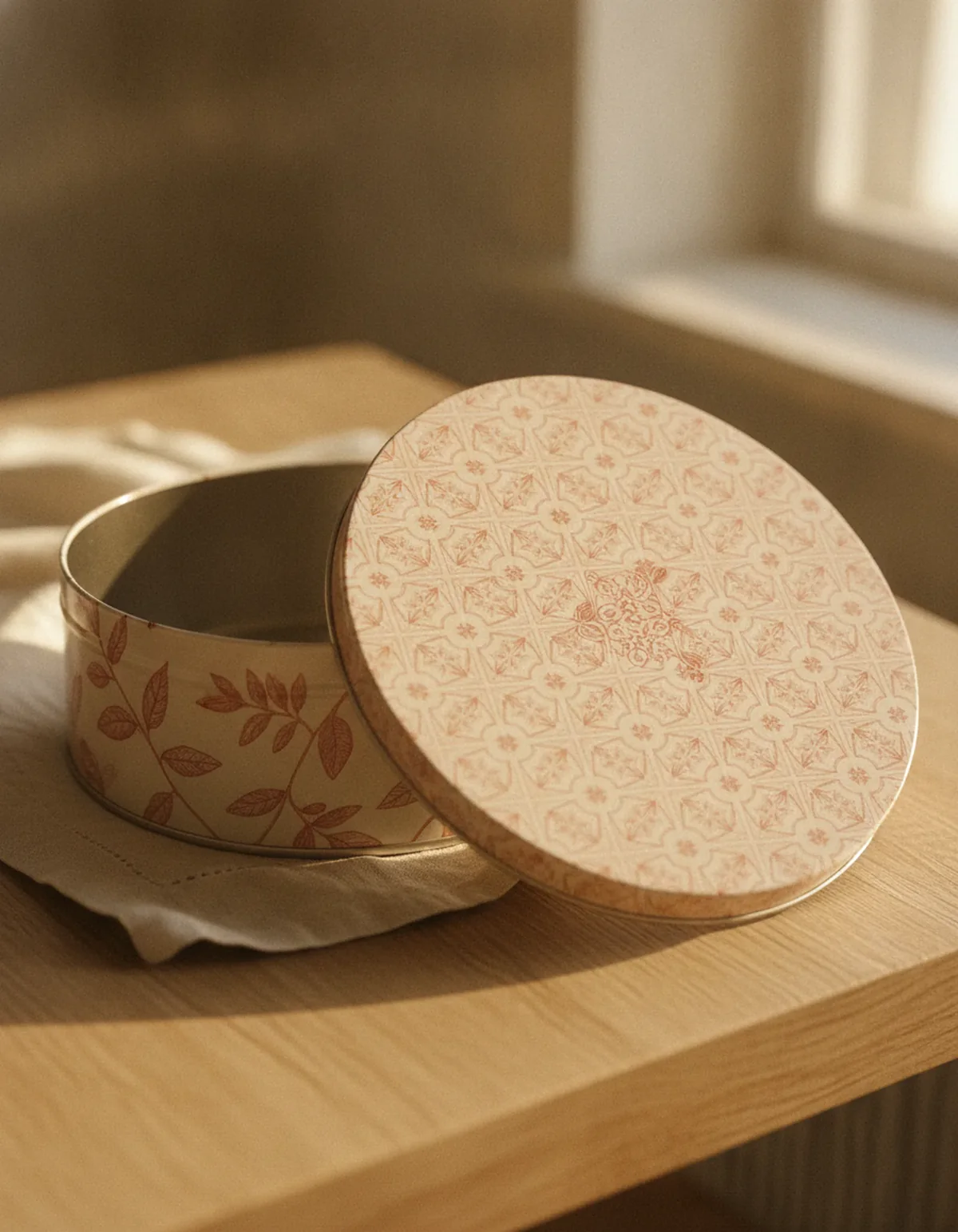 Open cream cookie tin showing a terracotta patterned print on the inside of the lid