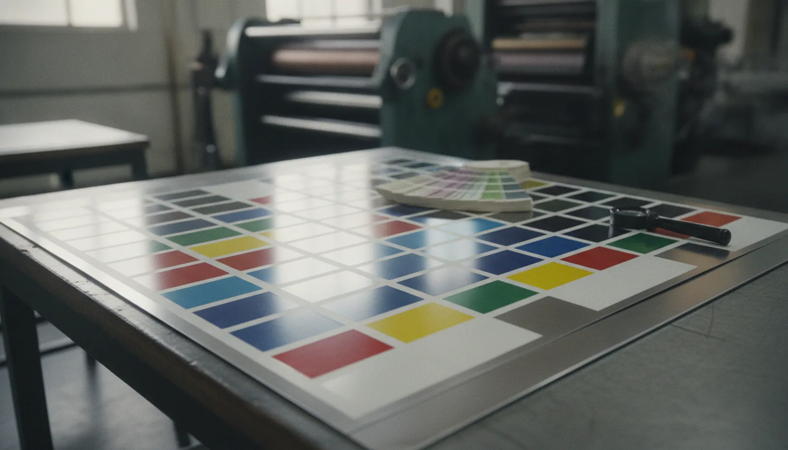 Printed tinplate sheet with color test swatches beside a Pantone-style swatch book