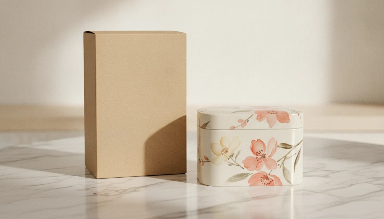 The same product shown in a light cardboard box beside a heavier tin, side by side