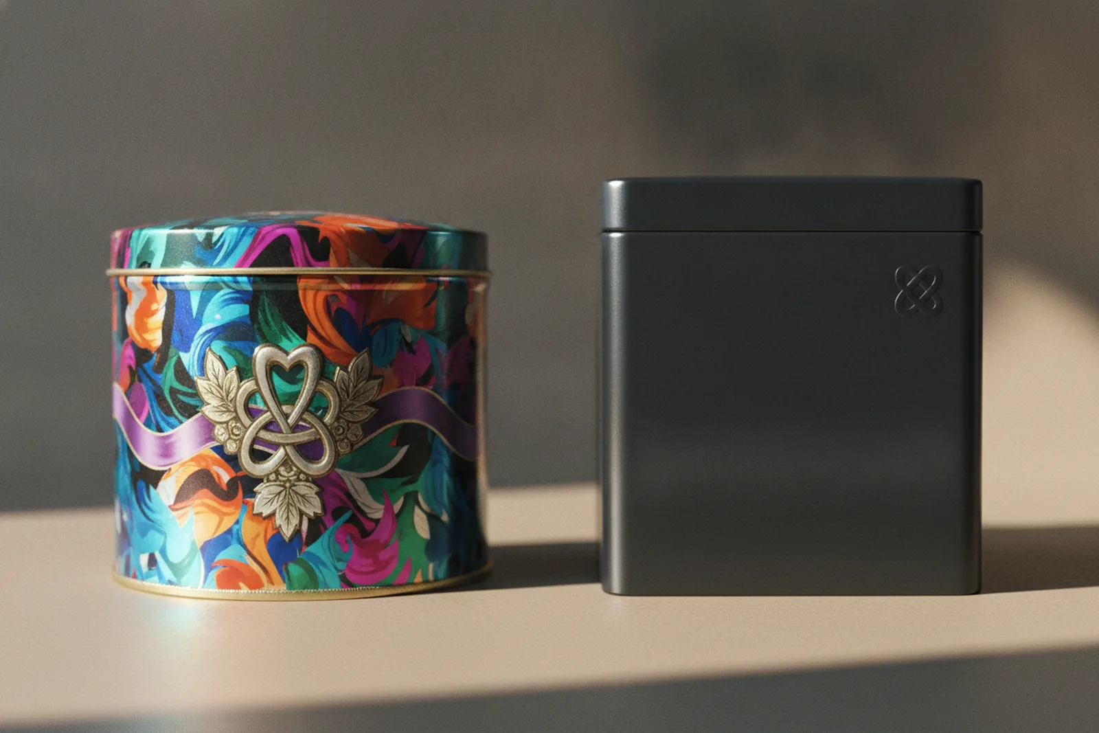 Busy laminated gift tin beside a minimal matte tin with a single small mark