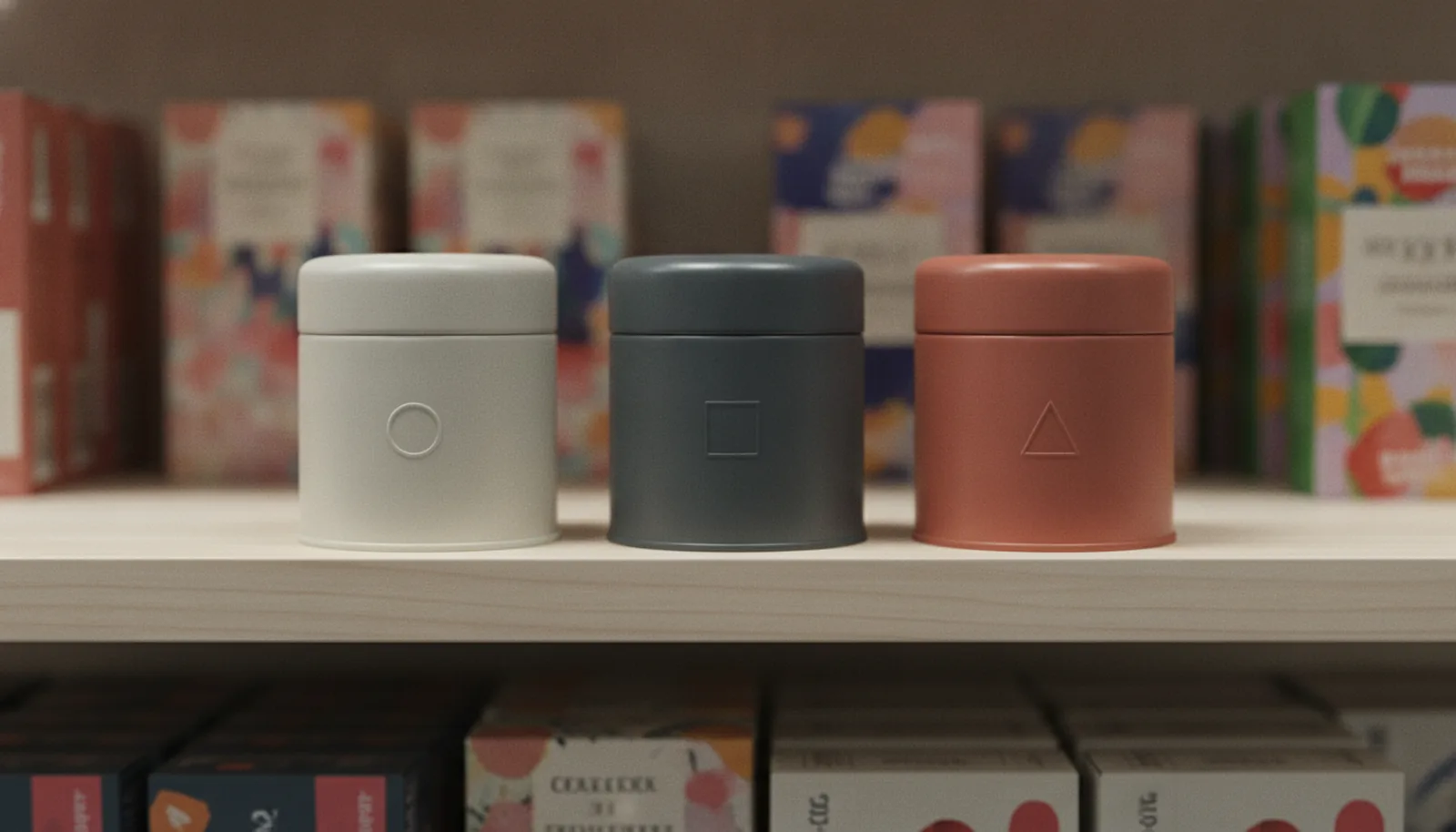 Row of minimal matte tins in neutral tones standing out on a busy retail shelf