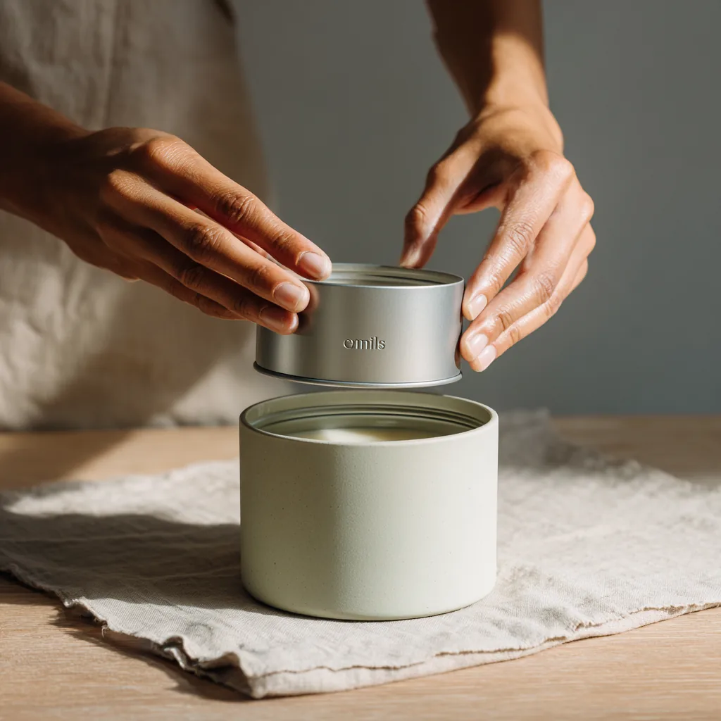 Matte black candle tin with embossed Art Deco lid and a refillable wax insert