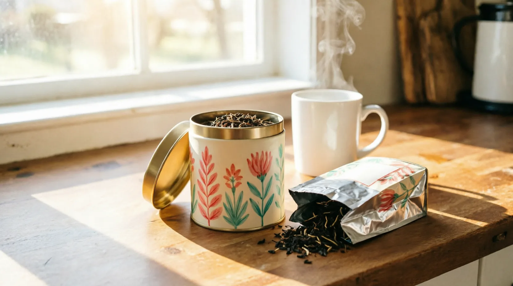 Tea caddy tin beside a foil-lined refill pouch ready to transfer in