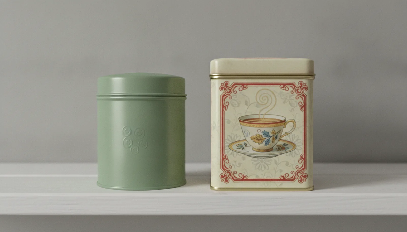 A restrained matte tin beside a detailed retro tin on a shared shelf, showing two design approaches