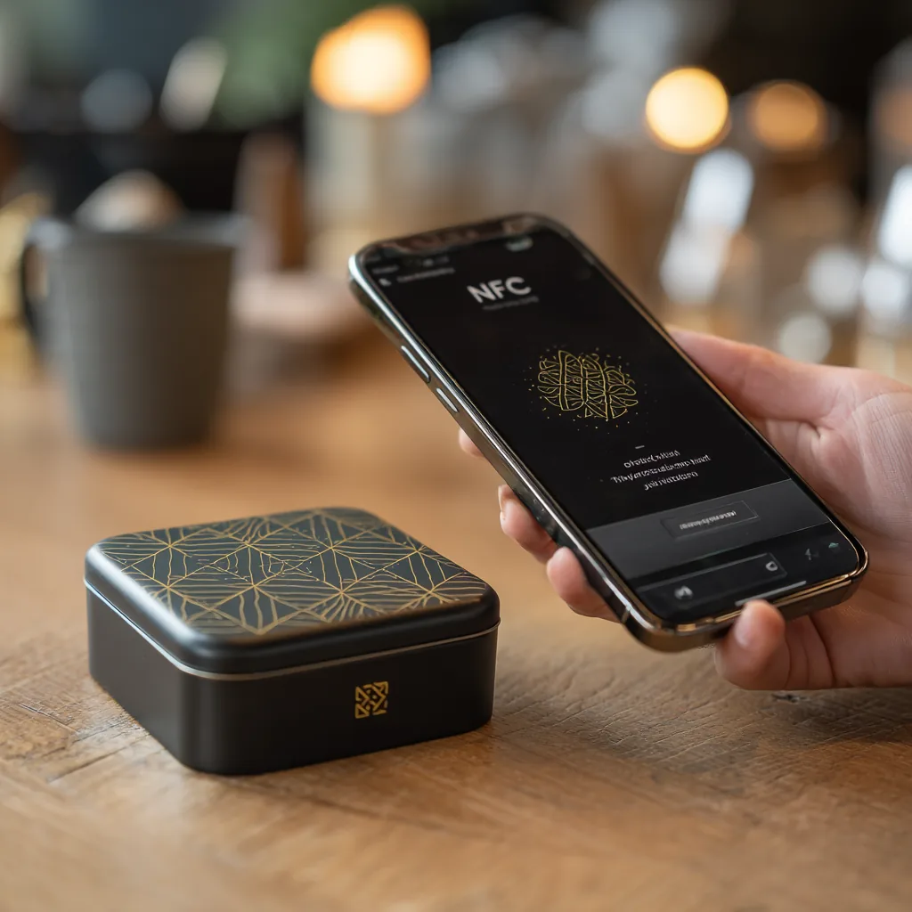 A customer tapping a phone against an NFC-enabled tin to trigger a digital experience