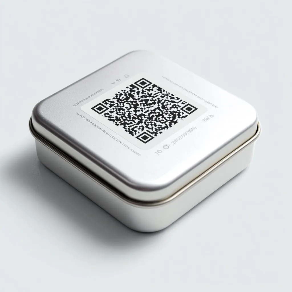 A silver square tin with a precision-printed QR code on the lid for product authentication