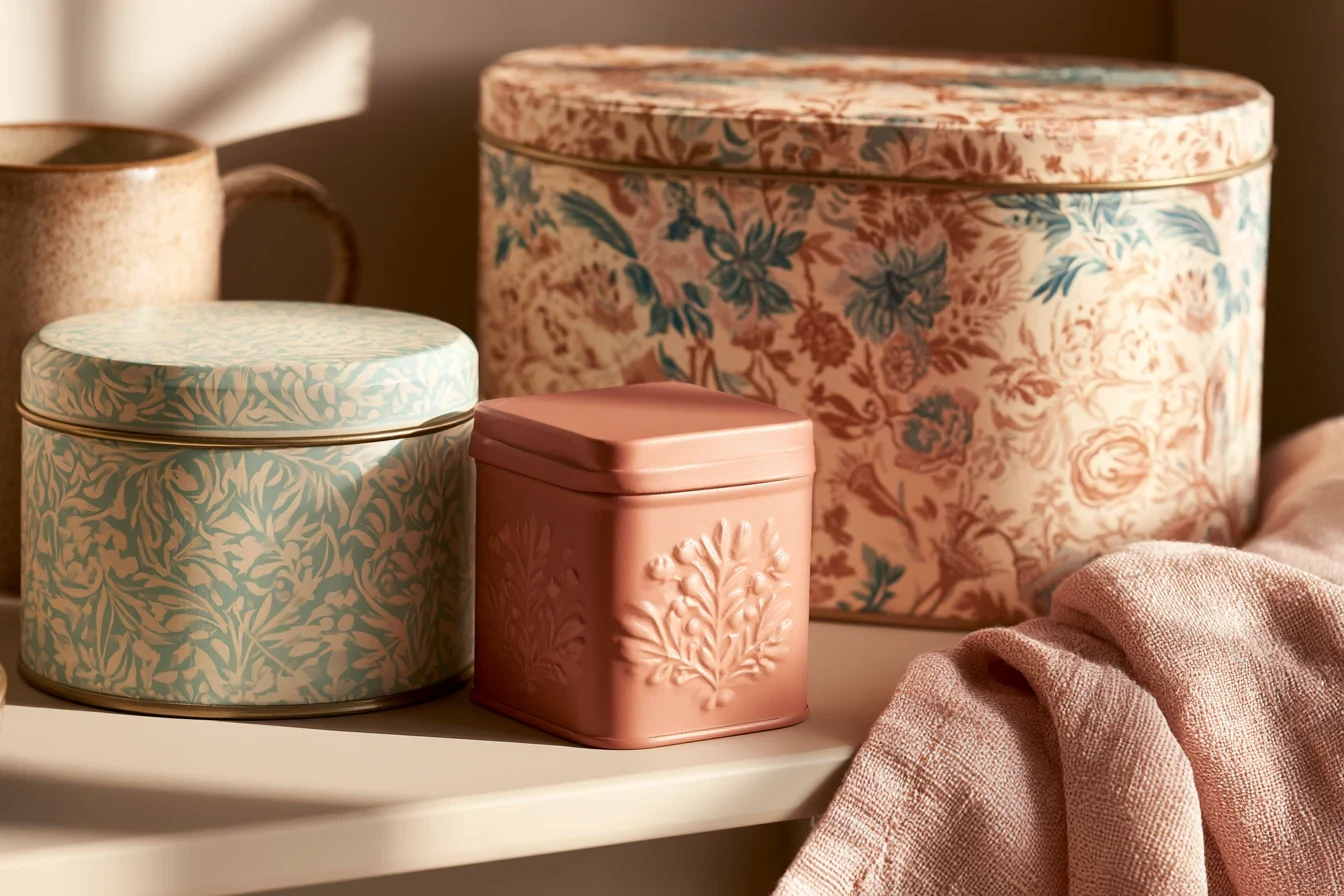Premium decorative tin on a kitchen counter long after purchase — the second life of tin packaging