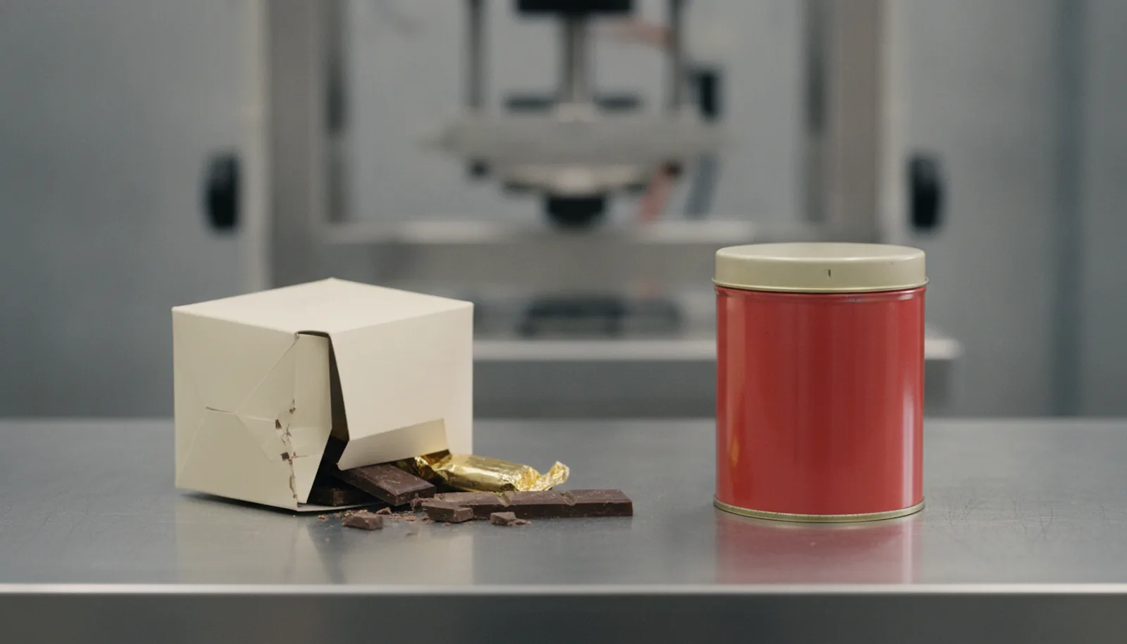Crushed carton with broken chocolates beside an intact tin after a drop test