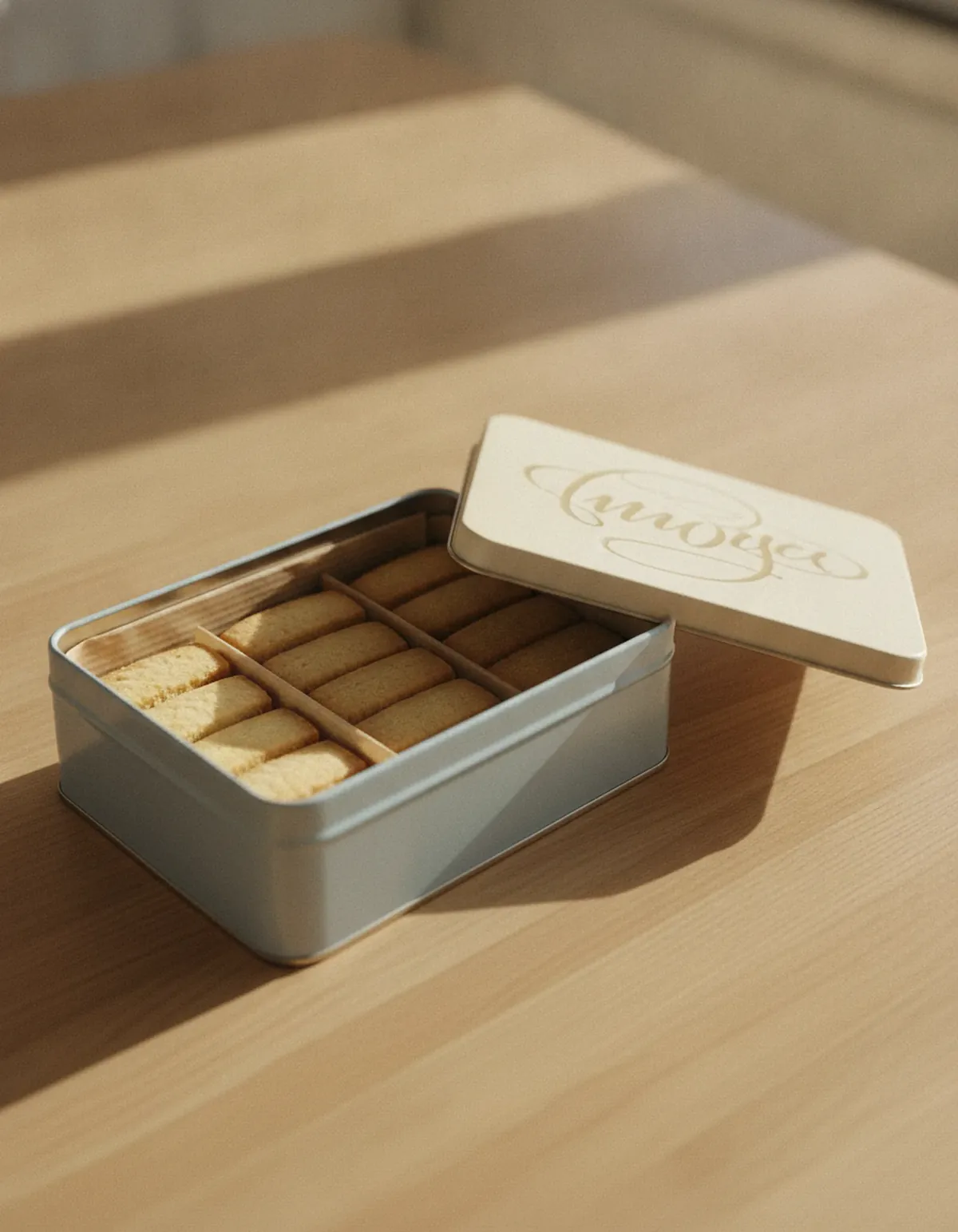 Open pale-blue cookie tin with intact shortbread in a paper insert, no void fill
