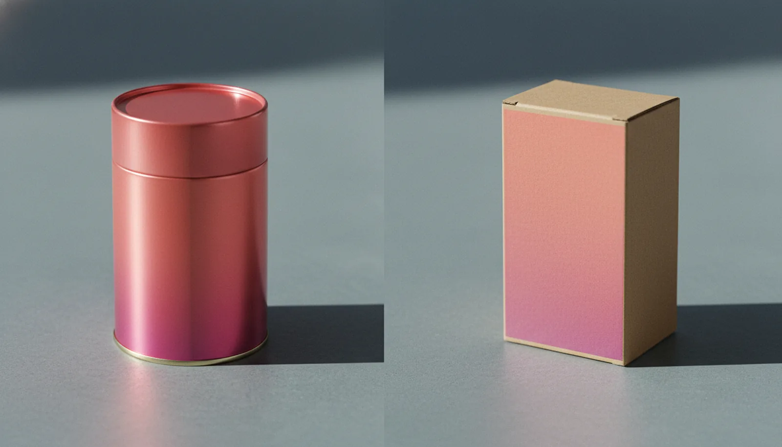 Saturated coral-and-violet gradient printed on a tin canister vs the same design on cardboard