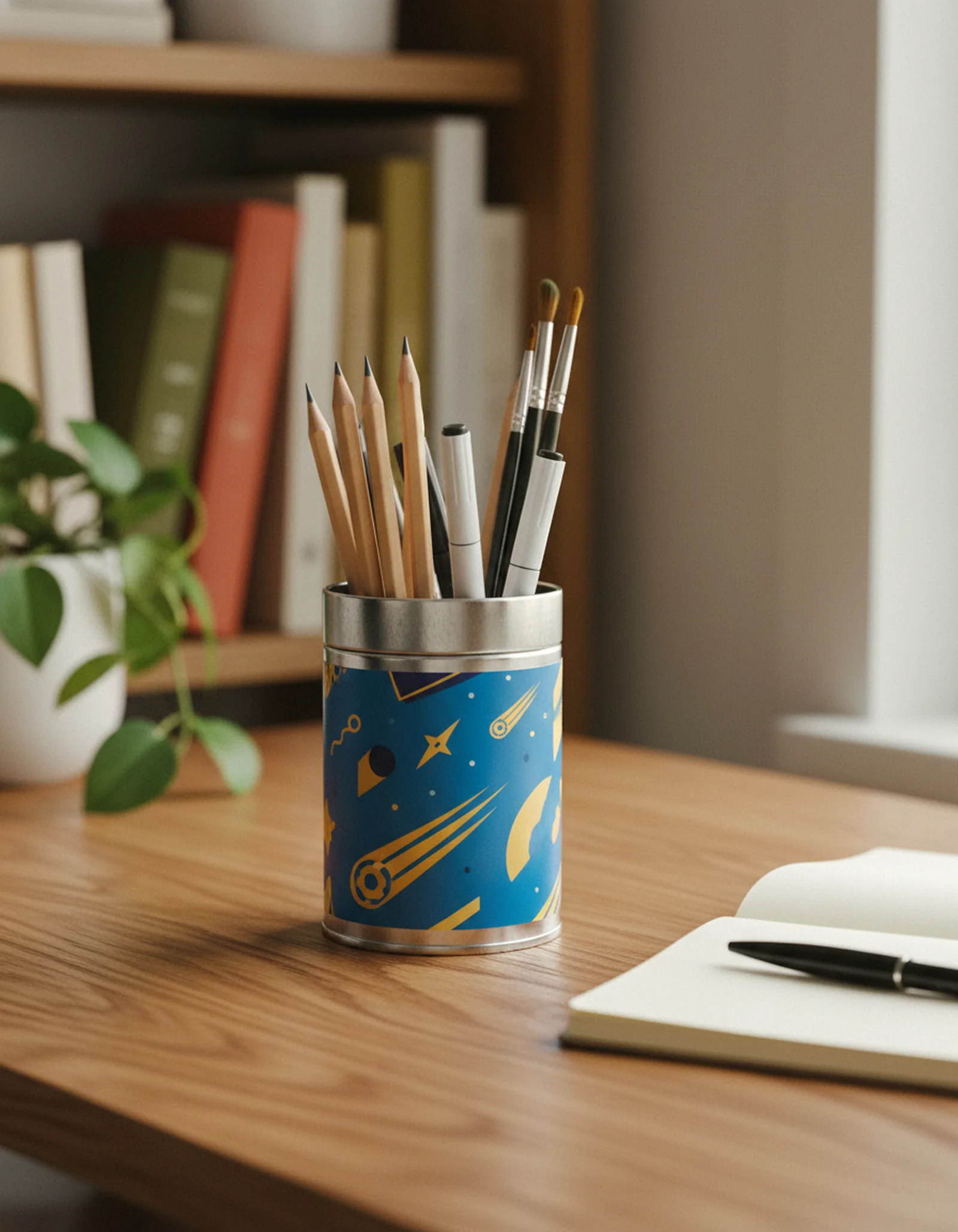 Decorative round tin repurposed as a desk organizer holding pencils and brushes on an oak desk