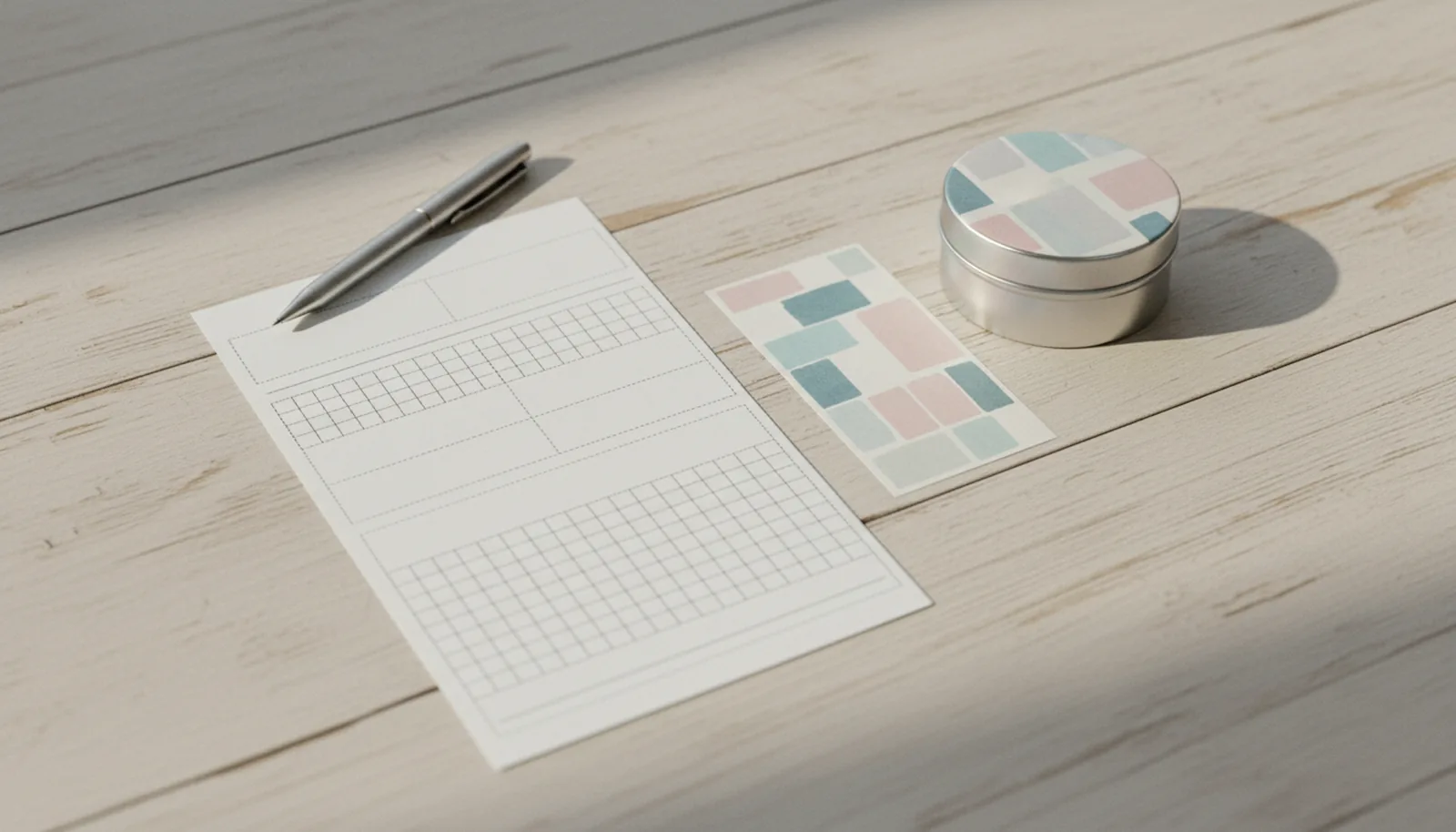Flat-lay of a customs declaration document beside a small printed tin and a shipping label