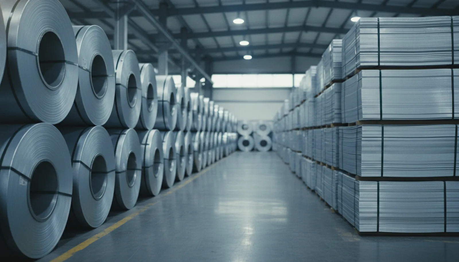 Rolls and sheets of tinplate stacked in an organized factory storage area
