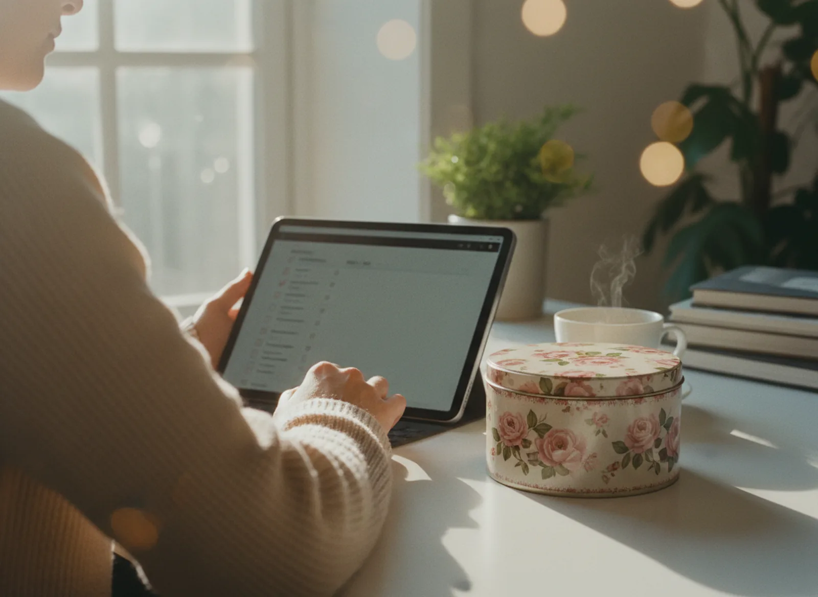 A packaging buyer reviewing a checklist on a tablet at a desk with a sample tin nearby