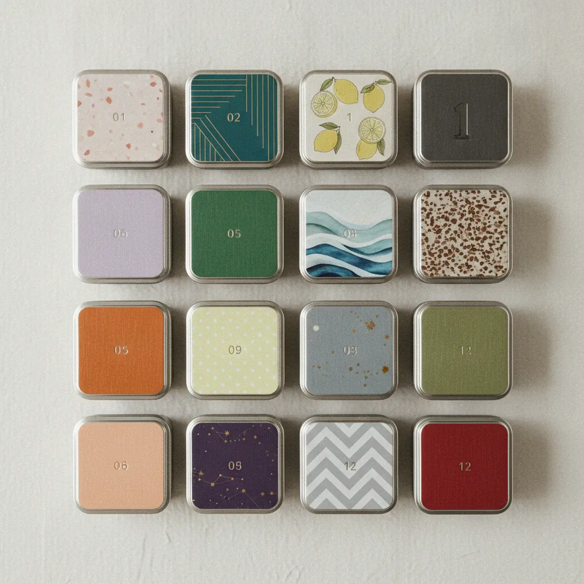 Twelve small numbered candle tins arranged in a grid, each with a different colour and pattern