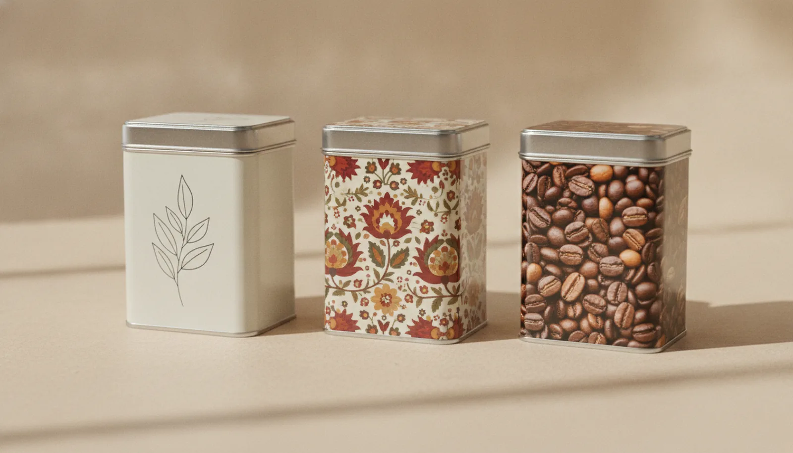 Three identically shaped rectangular tins printed in three completely different artwork styles