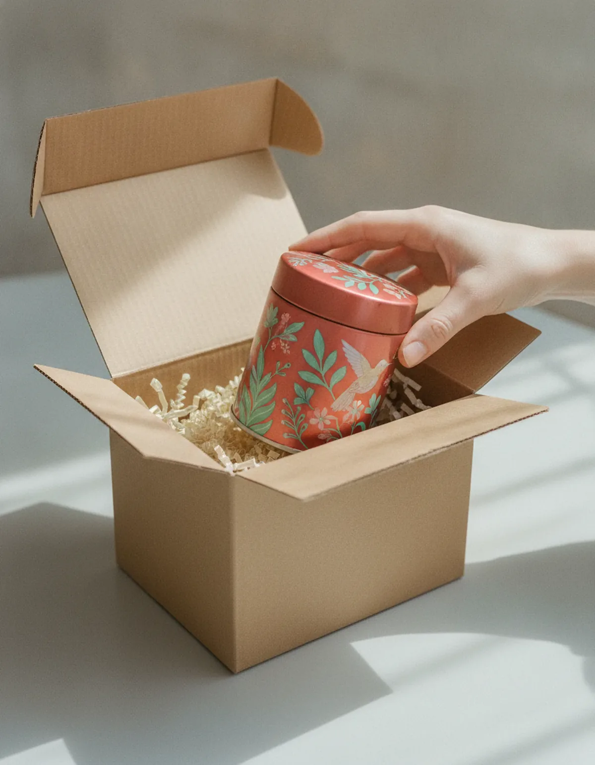 An opened plain corrugated mailer with a bright illustrated tea tin lifted partway out of it